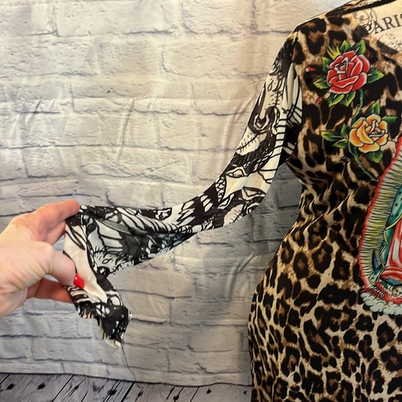 Ed Hardy “Dolls Kill” Mini Dress Leopard Virgin Mary Long Sleeves Y2K Size XL - Picture 5 of 11